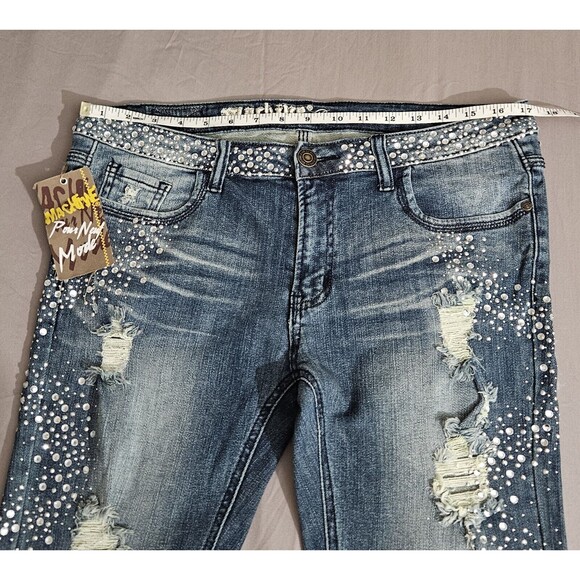 Machine Nouvelle Mode Jeans Size 15 Stretch Straight Leg Blue Distress Bling Y2K - Picture 11 of 12